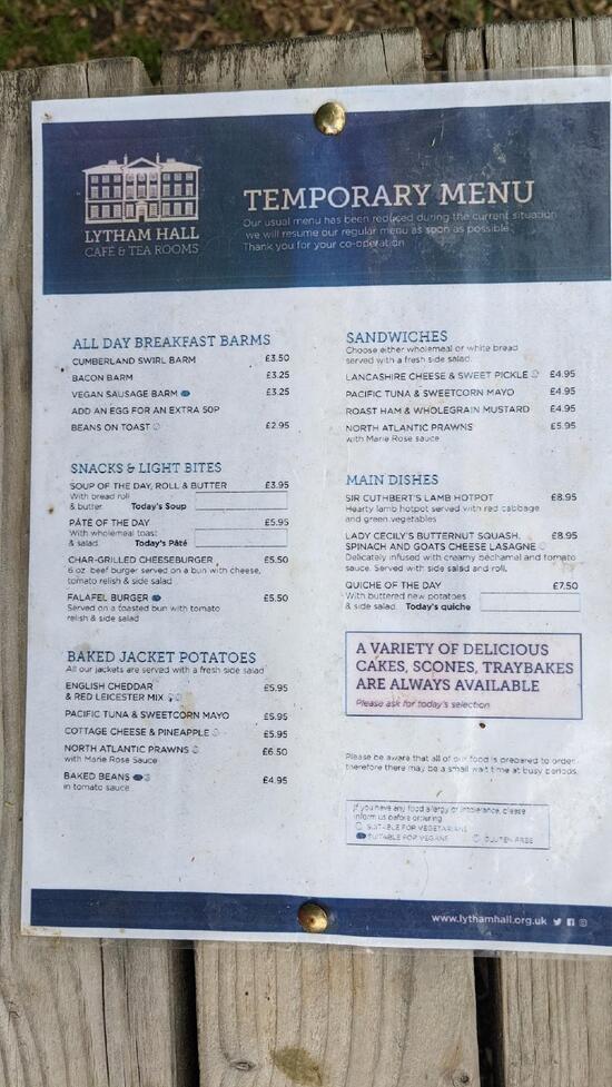 Menu at Lytham Hall Café & Tearoom coffee house, Lytham Saint Annes