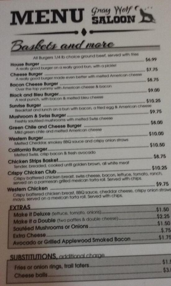 Menu at Gray Wolf Saloon pub & bar, Edgerton, 130 Howard St