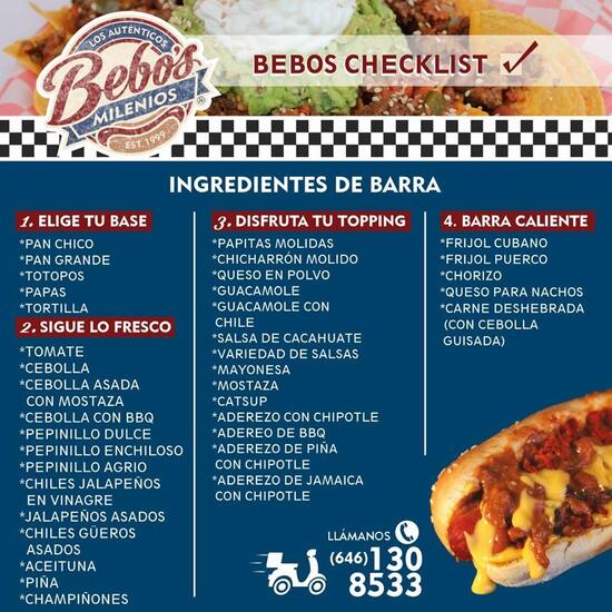 Menu at Bebo's Milenios Hot Dogs restaurant, Ensenada