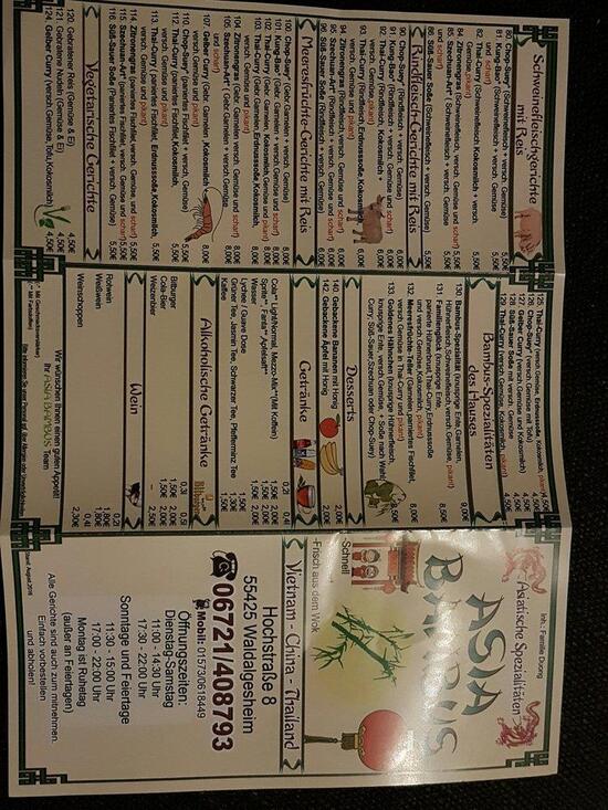 Menu at Asia Bambus restaurant, Waldalgesheim