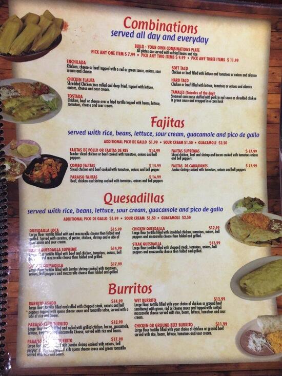 Menu at Paraiso Mexican Grille And Bar, Englewood, Placida Rd