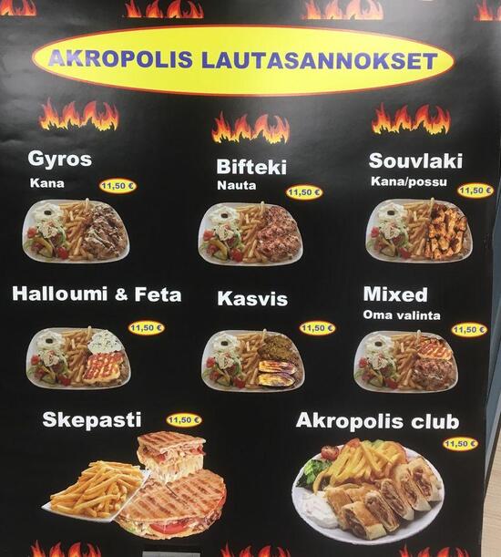 Menu at Akropolis Greek Grill restaurant, Finland