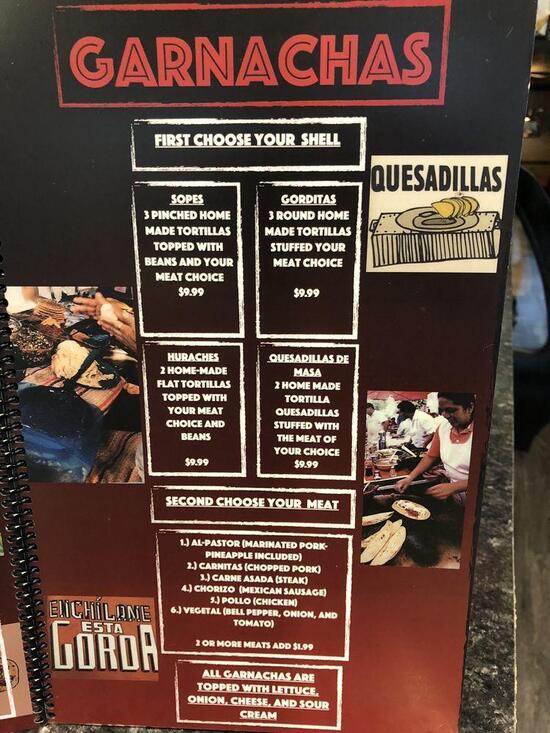 Menu at La Fortuna restaurant, North Wilkesboro