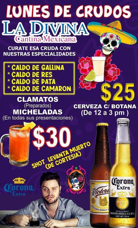 Carta del restaurante La Divina Cantina Mexicana, Tapachula del Córdova