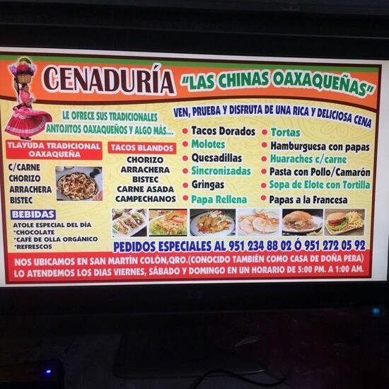 Menu at Cenaduria las chinas oaxaqueñas Santiago de Querétaro