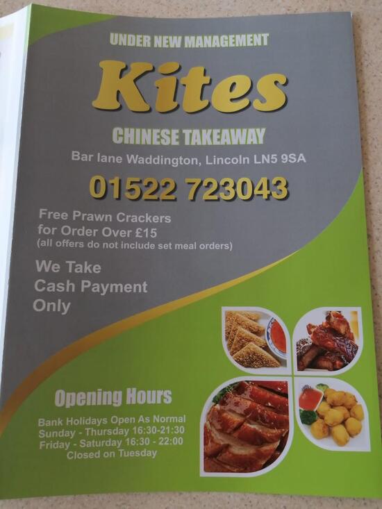 Menu at Kites of Waddington fast food, Lincoln, Bar Ln