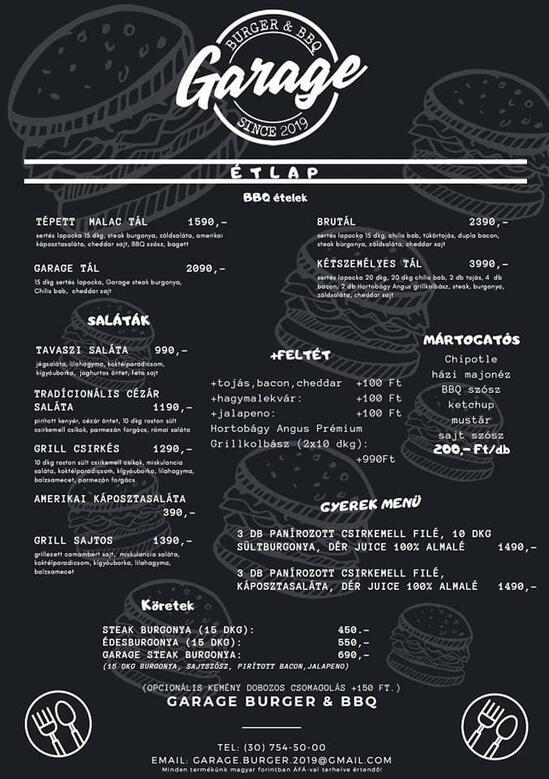 Menu at Garage Burger & BBQ, Karcag