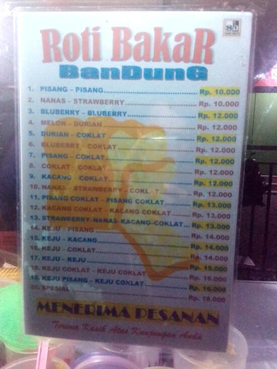 Carta del restaurante Roti Bakar Artha Manis, Indonesia
