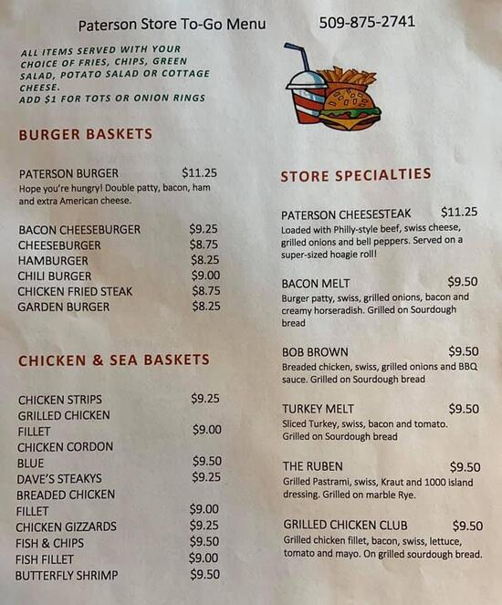 Menu at Paterson Store & Restaurant, Paterson