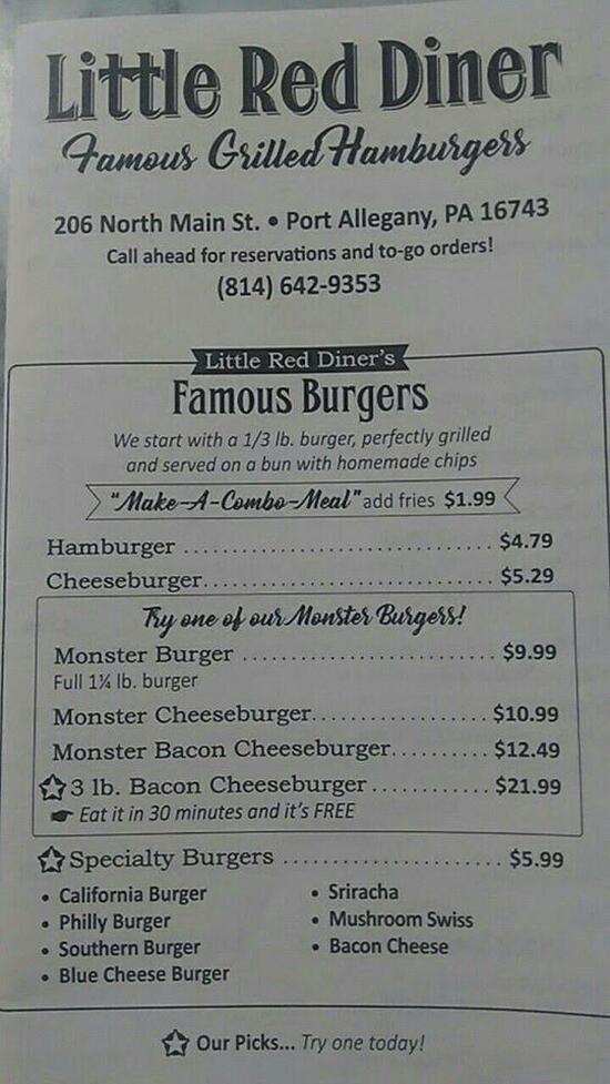 Menu at The Little Red Diner restaurant, Port Allegany