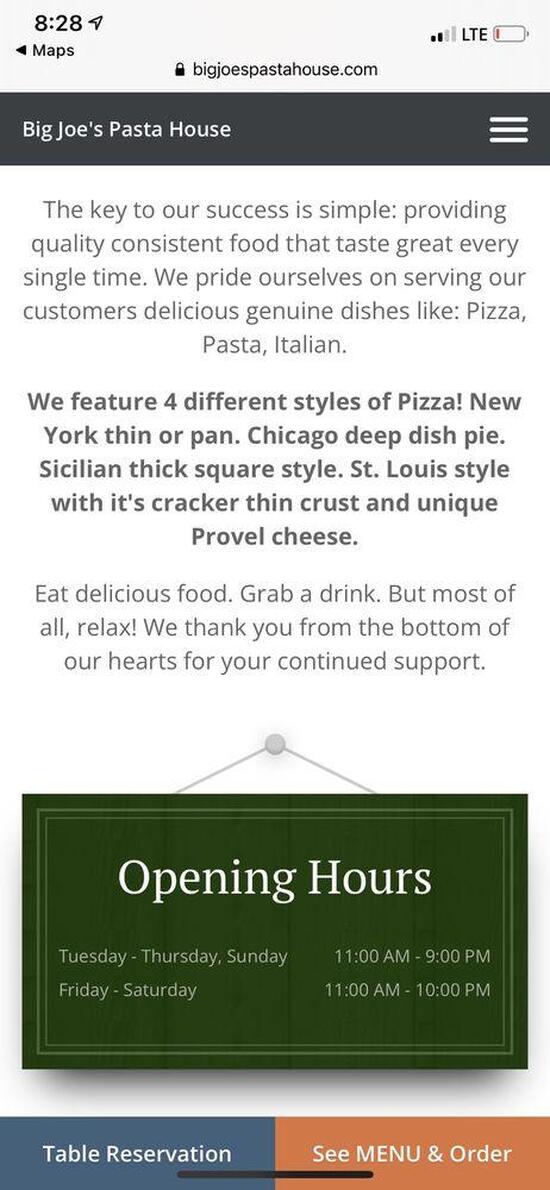 Menu at Big Joe's Pasta House pub & bar, Palm Harbor