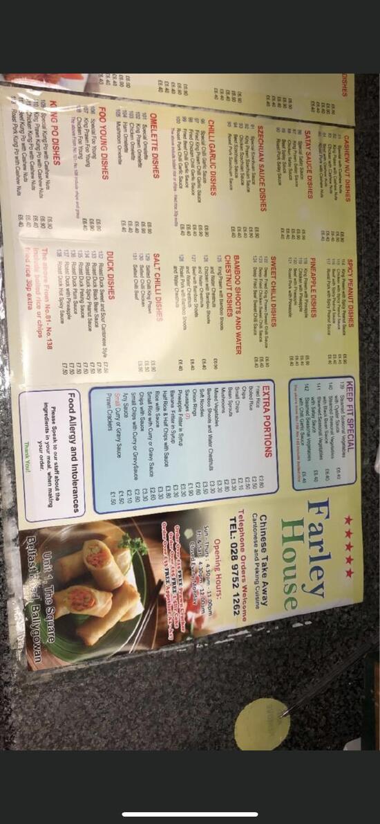 Menu at Farley House restaurant, Ballygowan