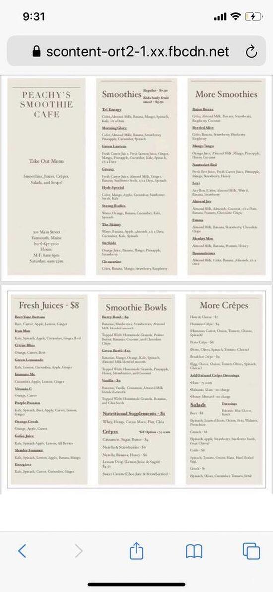 Menu at Peachy's Smoothie Cafe, Yarmouth