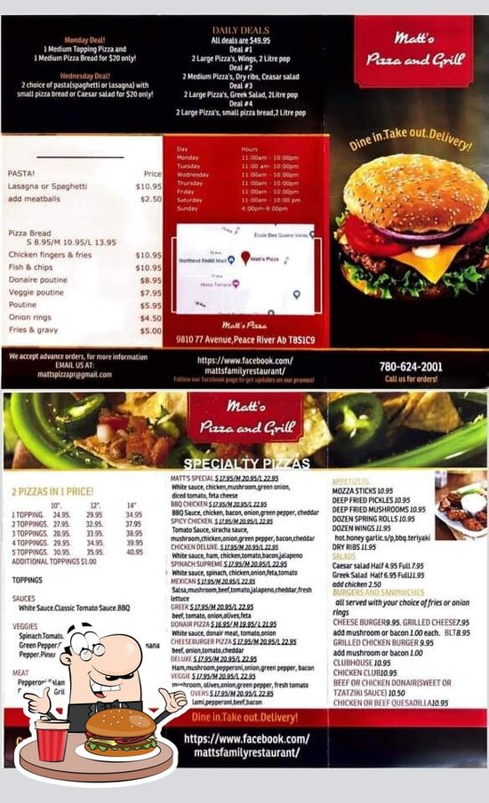 Menu at Matt's Pizza restaurant, Peace River