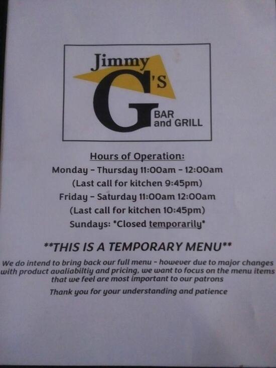 Menu at Jimmy G's Bar & Grill, Canonsburg