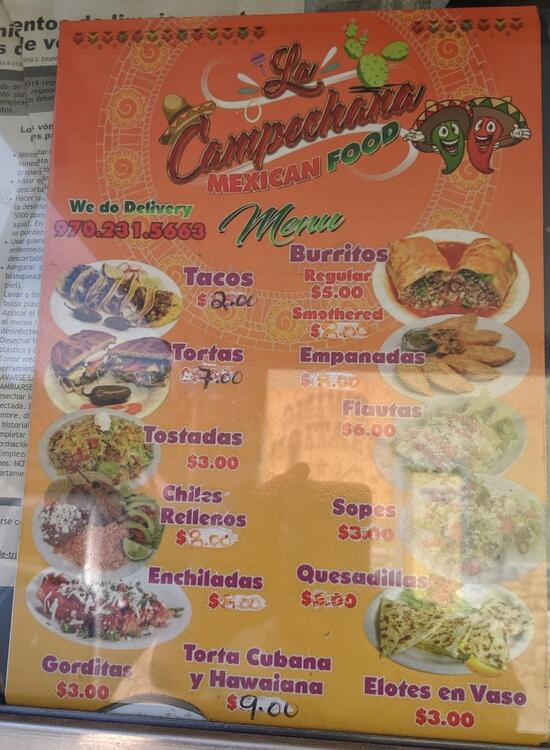 Menu at La Campechana Mexican Food restaurant, Laporte