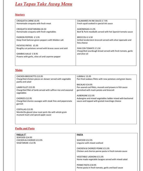 Carta del restaurante Las Tapas, Brentwood