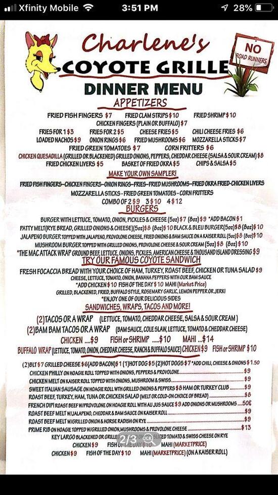 Menu at Charlene's Coyote Grille restaurant, Fort Pierce