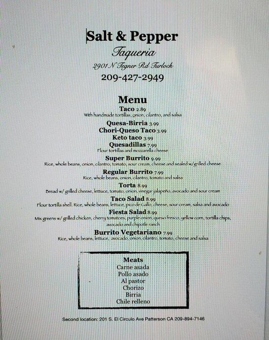 Menu at Salt & Pepper Taqueria and Catering (Turlock) restaurant, Turlock