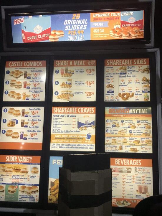 Menu at White Castle fast food, Merrillville