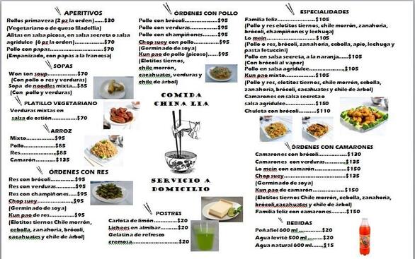 Menu at Comida China Lía restaurant, Mexico City