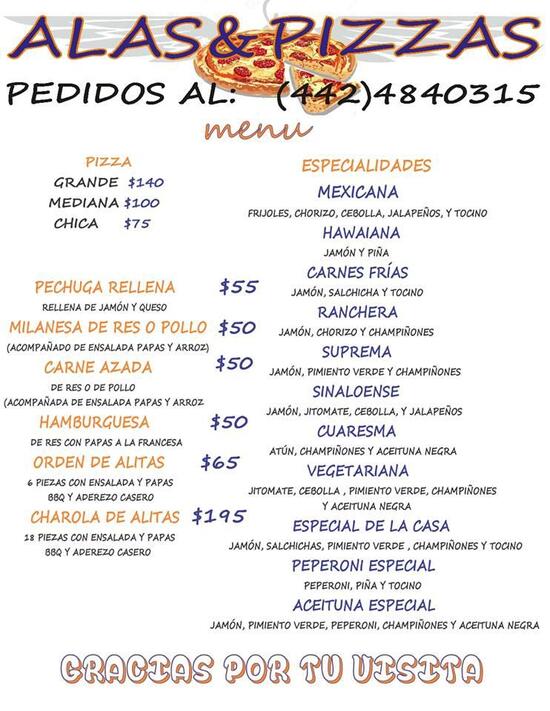 Menu at ALAS&PIZZAS restaurant, Santiago de Querétaro