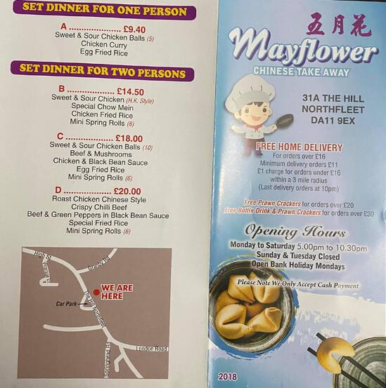 Menu at Mayflower Chinese Takeaway fast food, Gravesend