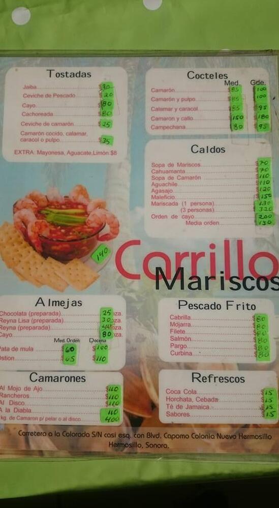 Menu at mariscos carrillo restaurant, Hermosillo