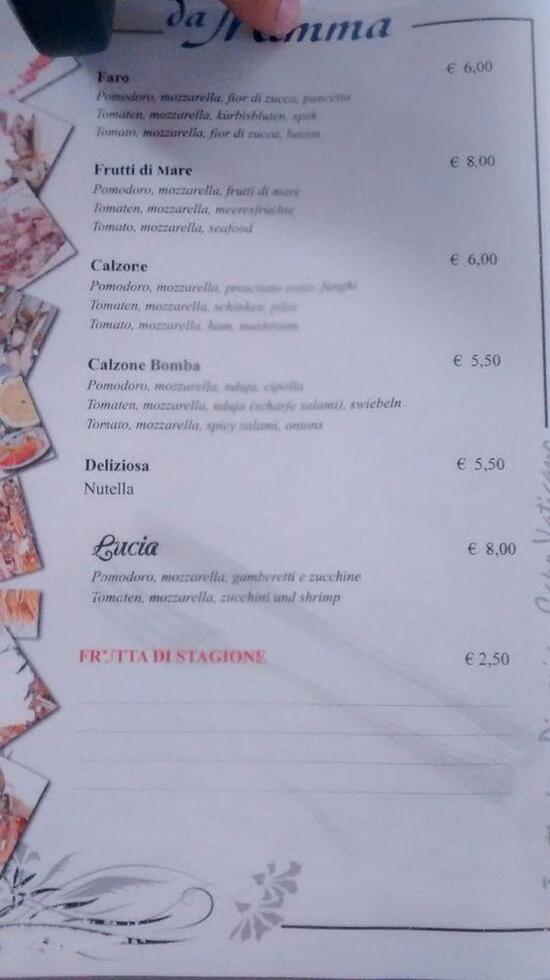 Menu at Trattoria Pizzeria da Mimma, Capo Vaticano
