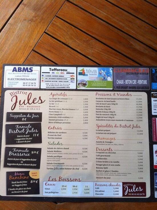 Menu at Bistrot Jules restaurant, Angers
