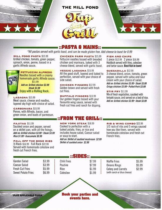 Menu at Mill Pond Tap & Grill restaurant, Canada
