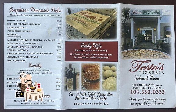 Menu at Testo's Pizzeria & Restaurant, Fairfield