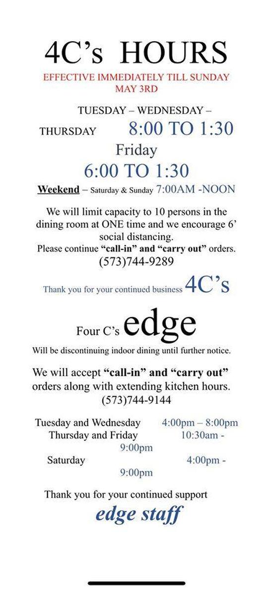 Menu at Four C's Edge pub & bar, Freeburg