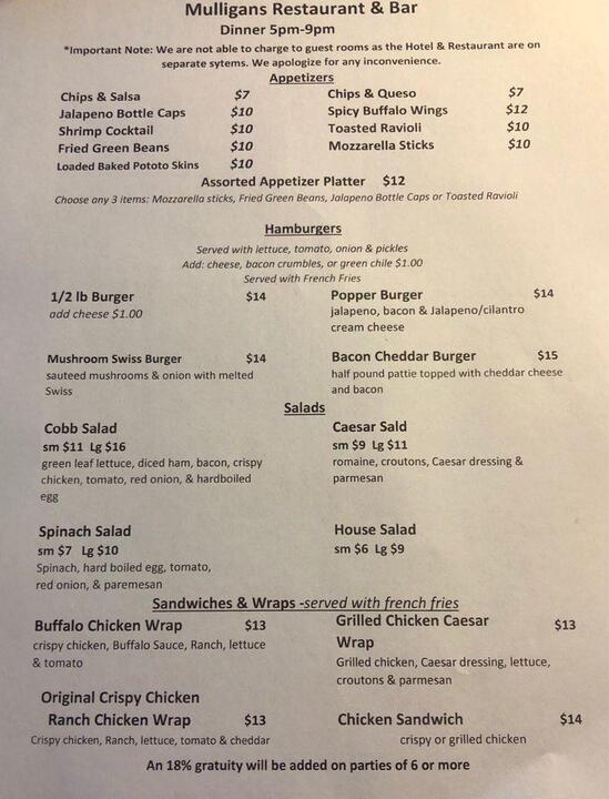 Menu At Mulligan's Restaurant & Bar, Raton