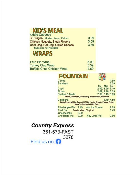 Menu at Country Express fast food, Victoria