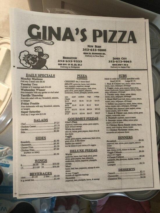 Menu at Gina's Pizza pizzeria, New Bern, 505 D St