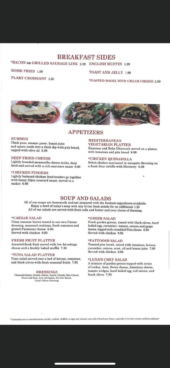 Menu at LUNA'S DELI & RESTAURANT, North Royalton