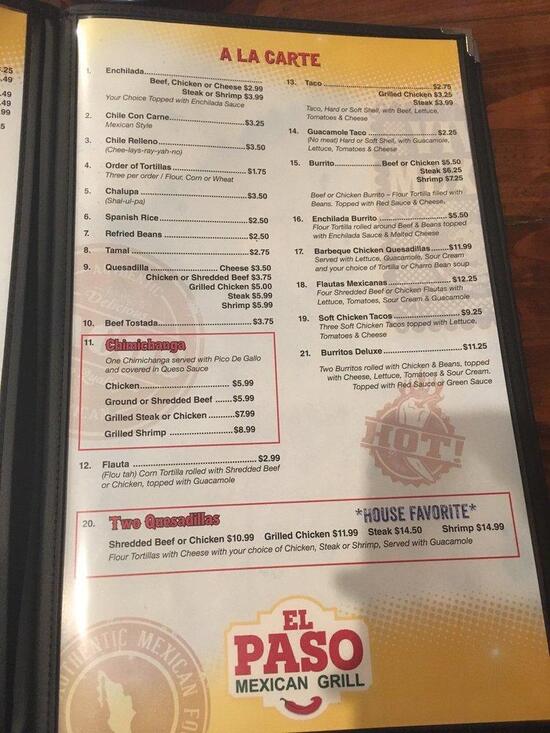 Menu at El Paso Mexican Grill restaurant, New Iberia