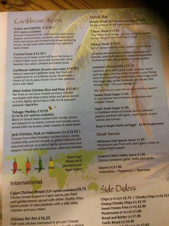 Menu at Wildmoor Oak pub & bar, Bromsgrove