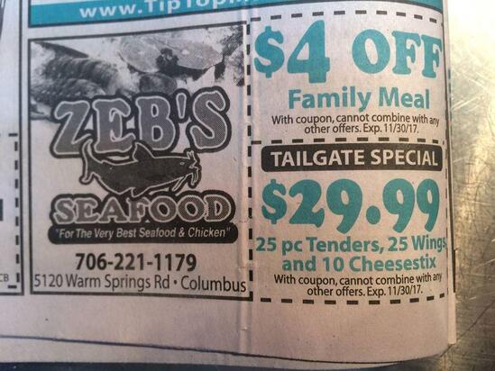 Menu at Zeb's Seafood & Chicken restaurant, Columbus, Warm Springs Rd ...