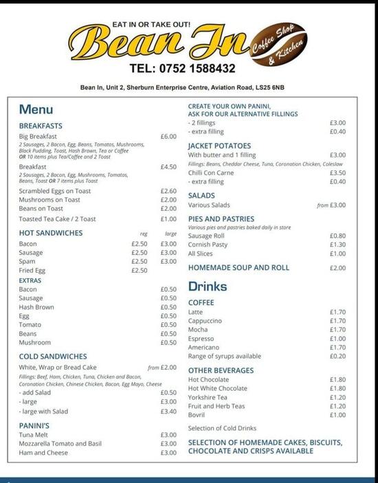 Menu at Bean In Coffee Shop cafe, Sherburn in Elmet