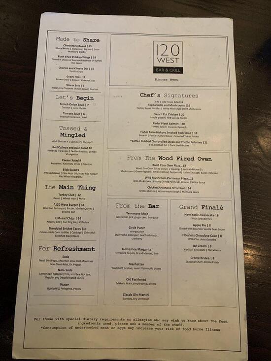 Menu at 120 West Bar & Grill, Indianapolis