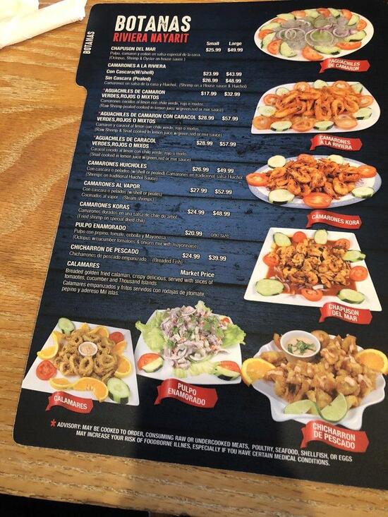 Menu at Mariscos La Riviera Nayarit restaurant, Norcross