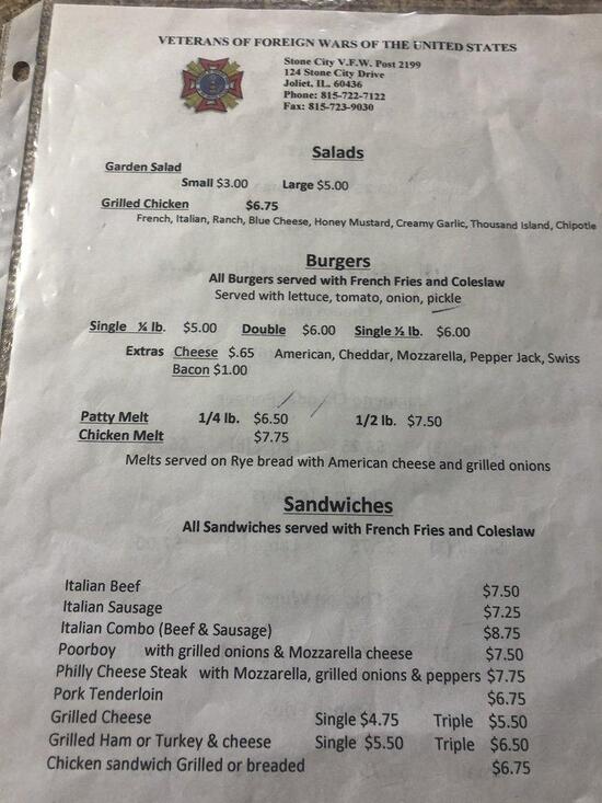 Menu At Stone City Vfw Post 2199 Pub & Bar, Joliet