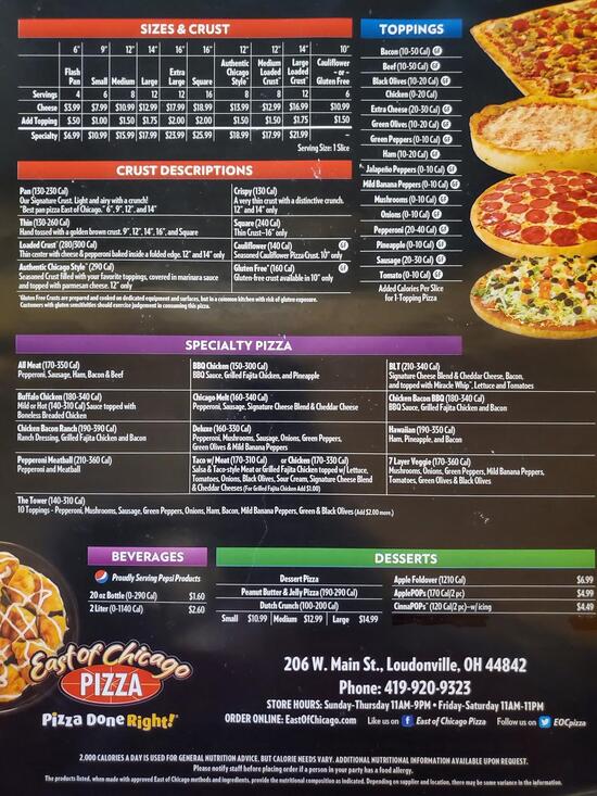 Menu at East of Chicago Pizza restaurant, Loudonville, 206 W Main St