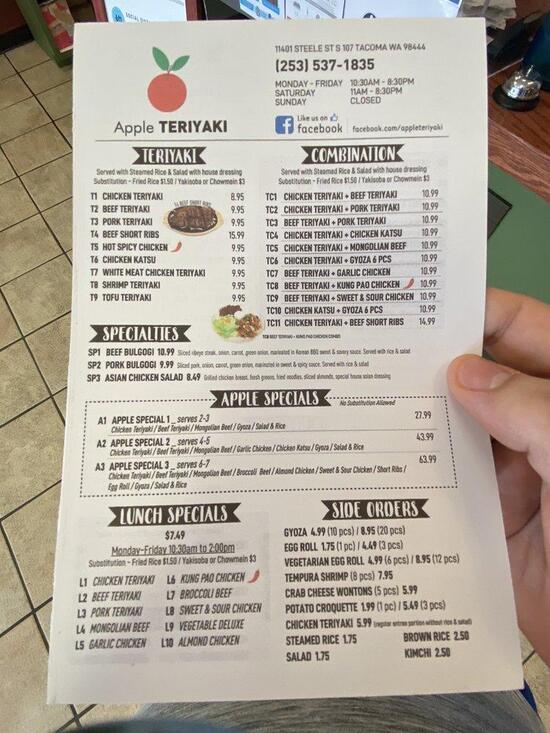 Menu at Apple Teriyaki restaurant, Steele St S