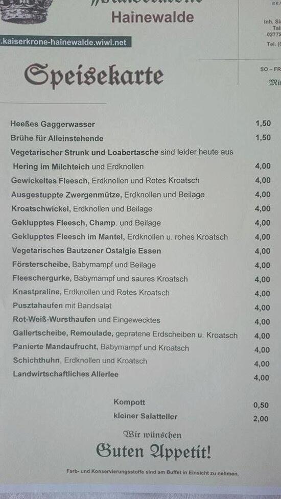 Speisekarte von Gaststätte Kaiserkrone restaurant, Hainewalde