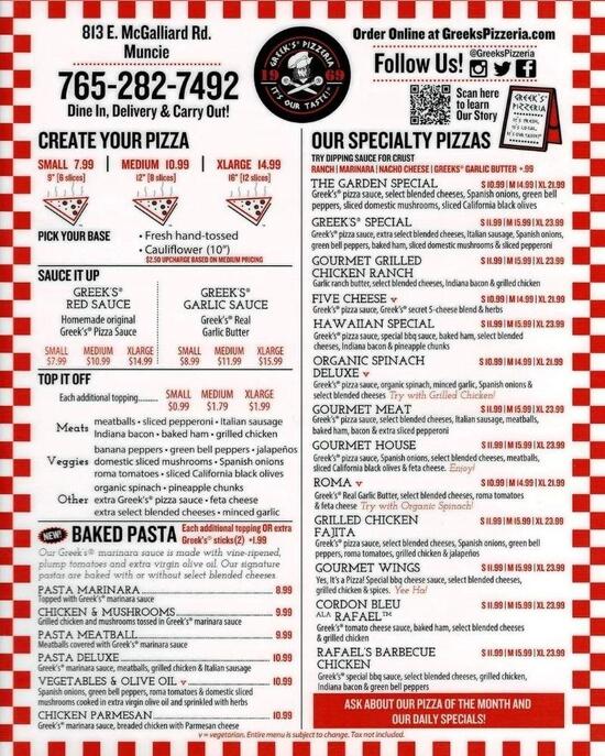 Menu at Greek's Pizzeria on McGalliard, Muncie, 813 E McGalliard Rd