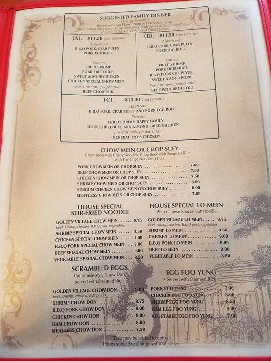 Menu at Golden Village Restaurant, Milton-Freewater