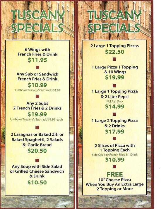 Menu at Tuscany Italian Grill pizzeria, Danville